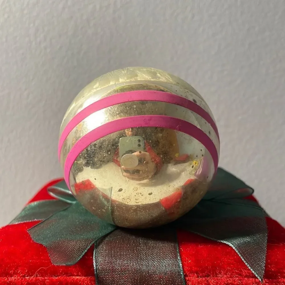 Vintage Mercury Glass Frosted Cap Ball Christmas Ornament Shiny Brite with velve